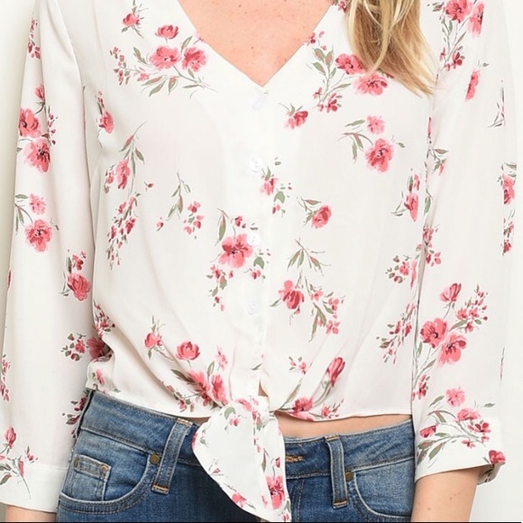 ❌DONATED❌White Floral Button Down Tie Top - Picture 2 of 8